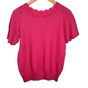 Vintage Fuchsia Pointelle Knit Sweater Top | Scalloped Boho Cottagecore | M